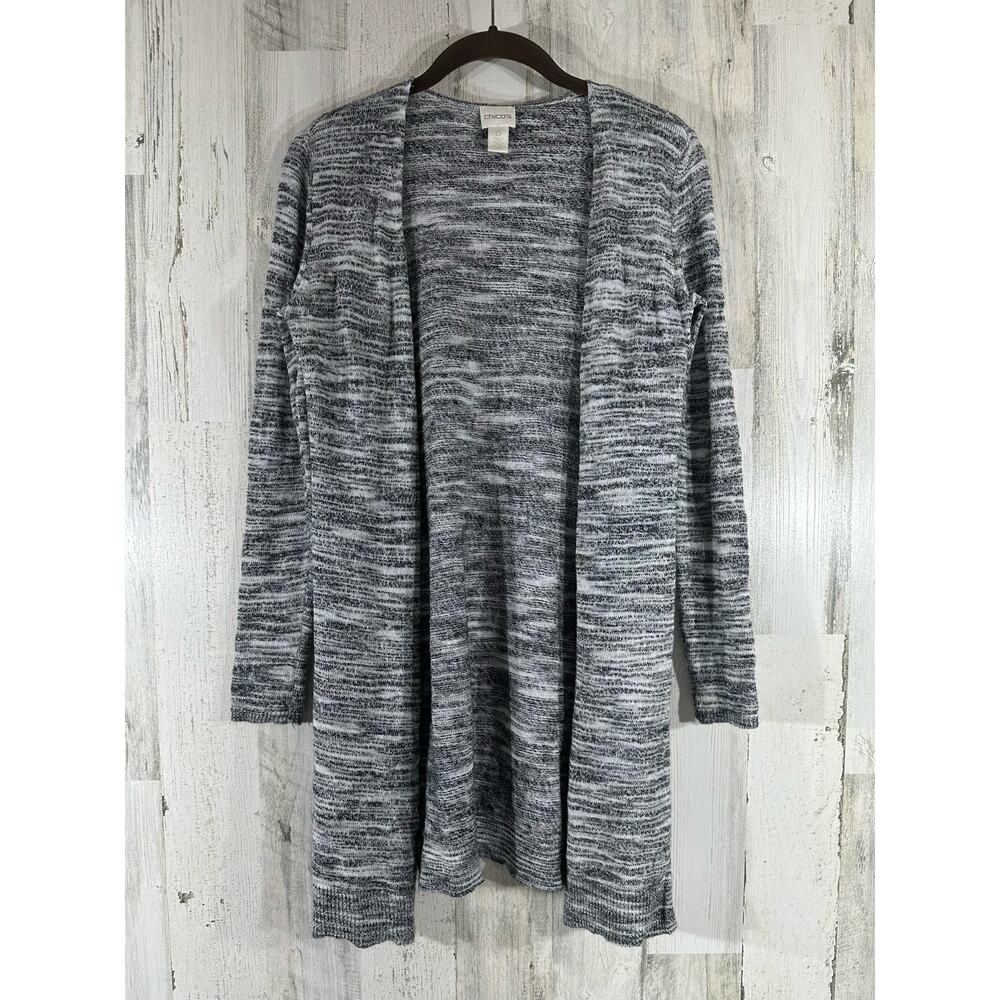 Chicos Cardigan Sweater Size 0 or Small Black White Marled Open Front Wool Blend